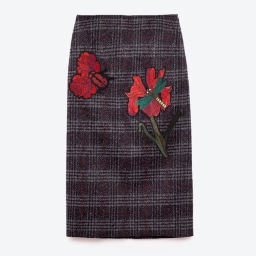 Zara Plaid Pencil Skirt with Hibiscus Embroidery